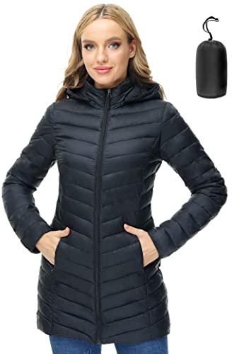ANOTHER CHOICE Damen Pufferjacke mit Kapuze, warm, leicht, verstaubar, gesteppt, Puffermantel, Schwarz, M