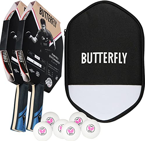 Butterfly Dimitrij Ovtcharov Platin 2 x Tischtennisschläger + Tischtennishülle Cell Case II + 2 x + 3*** ITTF R40+ Tischtennisbälle | Tischtennisschlägerset | Profi Set
