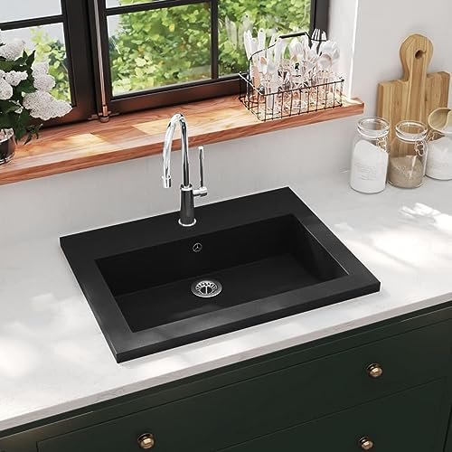 ZEYUAN Lavabo en granit, Lavabo sur comptoir, Lavabo de salle de bains, Meubles de salle de bains, Meuble de lavabo, Noir 600x450x120 mm