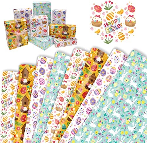 HOWAF 8 Geschenkpapier Ostern Deko, Ostergeschenkpapier Oster Geschenkpapier Osterhase Osterhasen Osterpapier Ostereier Osterküken für Ostern Geschenke Verpackung Osterdeko, Mehrfarbig