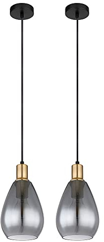 GLOBO Pendelleuchte Hängelampe rauchglas Wohnzimmer 1 Flammig schwarz Deckenleuchte hängend, Metall messing, E27 Fassungen, DxH 15x120 cm, 2er Set