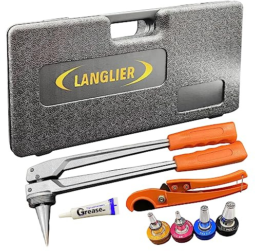 LANGLIER Manual PEX Pipe Expander Tool Kit with 3/8,1/2,3/4,1 Expansion Heads for PEXtube Expansion rod, SD-F1960 Standard PEX Coupling.