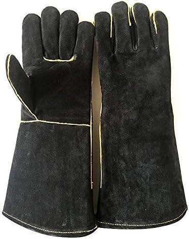 Schweißhandschuhe, feuerfeste Handschuhe aus Leder, perfekt for Kamin, Herd, Ofenhandschuh, Grillgrube, Schweißen, Ofen, Grill, Mig, Topflappen, Schwarz, 40,6 cm, Zuhause und Küche (Farbe: Schwarz, Gr