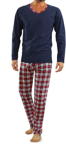 sesto senso Herren Schlafanzug Lang Pyjama 100% Baumwolle Langarm Shirt mit Tasche Pyjamahose Zweiteilig Set Nachtwäsche