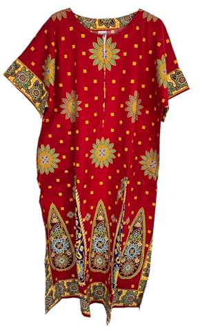 Kiran Fashion damer 100 % bomull lång kaftan klänning sommar etniskt tryck strandskydd en storlek, Röd, en storlek