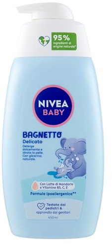 NIVEA Baby Sanftes Bad 450 ml, Babyschaum, für eine sanfte und feuchtigkeitsspendende Reinigung, Babyschaum, mit natürlichem Glycerin, Mandelmilch und Vitaminen B5, C & E