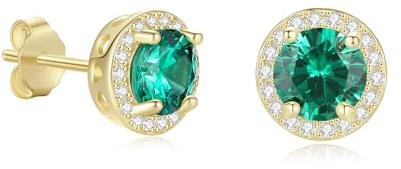 GAVU Pendientes Mujer Plata de Ley 925 Chapados en Oro 14K con Zirconia Cúbica Verde Esmeralda, Pendientes Dorados Mujer