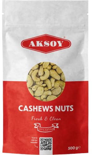 Aksoy Premium Quality Cashews 500g | Natural, Raw, and Fresh Cashews | Versatile for Desserts, Snacks, Salads, and Cooking Recipes | Guaranteed Deliciousness