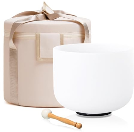 432HZ 7 Inch F Note Heart Chakra Frosted Quartz Crystal Singing Bowl Meditation Therapy Sound Healing Bowl with Mallet O-ring and White Carry Bag