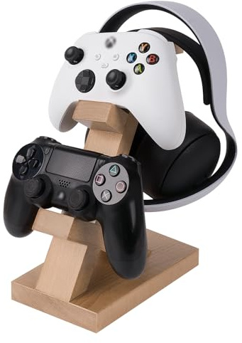 GEEKRIA Support de Manette de Jeu Double en Bois Massif et Support de Casque,Support de Rangement de contrôleur pour PS4/PS5/Xbox/Switch/8BitDo,Accessoires de Jeu de Bureau universels(Marron Clair)