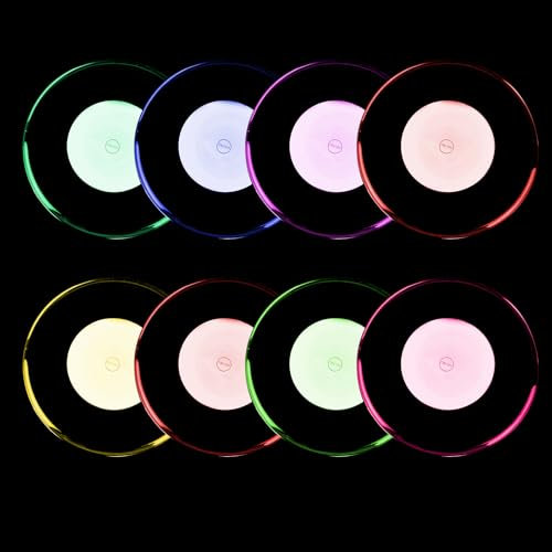WIYETY Lot de 8 dessous de verre LED : Ø 10 cm, ronds, en acrylique, étanches, 7 modes de couleur, bouton ON/OFF, pour verres, bouteilles, fêtes, mariages, bar, Noël (ronds)