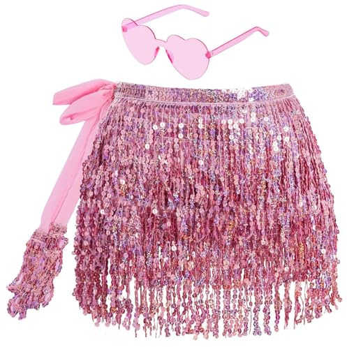 Gonna glitterata da donna con frange glitter con occhiali hippie mini gonna latina corta danza del ventre, costume rave per donne e ragazze, Colore: rosa., Taglia unica