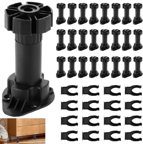YAYODS 32 Stück Küchenfüße Stützfuß Verstellbar - 100-120MM Schwarz Sockelfüße Höhenverstellbar für Küchen - 200kg Tragkraft Plastik Sockelfüße mit Sockelklammer Füße für Möbelfüße, Badezimmermöbel