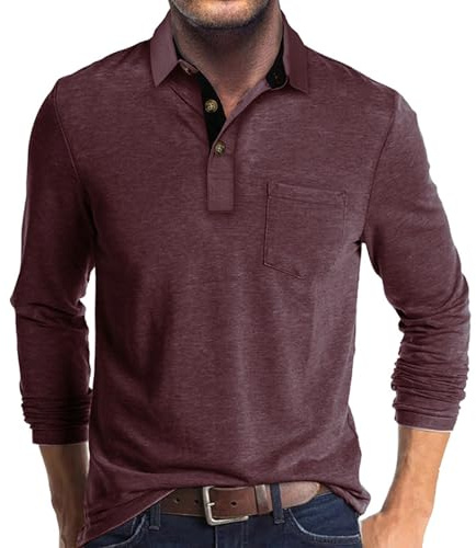 Poloshirt Herren Langarm Shirt Basic Baumwolle Langarmshirt mit Knopfleiste Mode Longsleeve Polohemd mit Brusttasche Leichte Sommershirt Regular Fit Polo Shirt Lässig Longshirt Einfarbige Oberteile