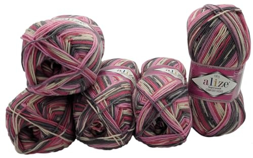 5 x 100 Gramm Superwash Sockenwolle einfarbig und mehrfarbig, 75% Schurwolle, 500 Gramm Wolle für Stricksocken und Strümpfe (grau rosa weiss 7707)
