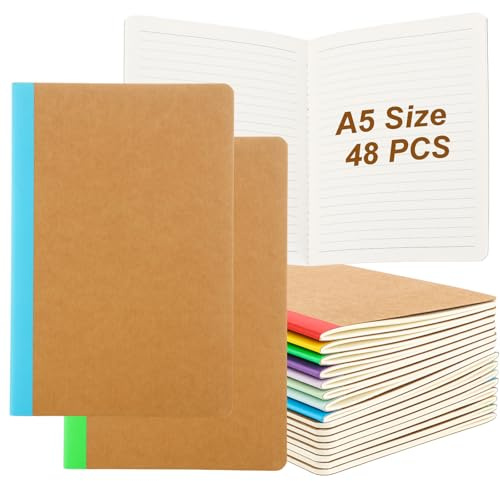 APACALI 48 Stück Notizbuch A5 liniert, 60 Seiten (30 Blätter) Notizblock, Notizheft a5 mit Regenbogen Rücken in 8 vintagen Farben, 21x14,5cm Notizbücher für Büro und Schule, zum Zeichen, Schreiben