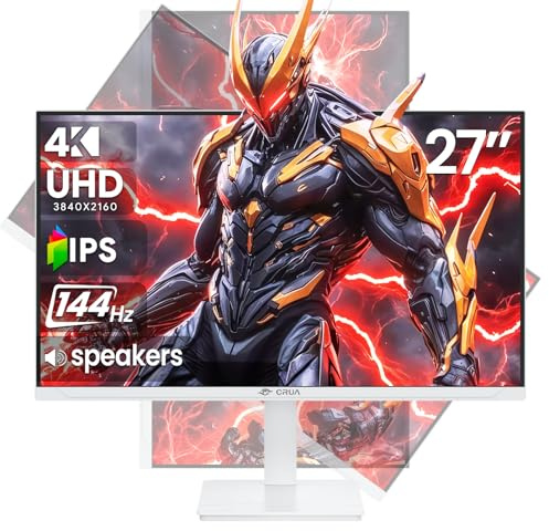 CRUA 27 Gaming Monitor, 144Hz 4K UHD(3840*2160P) IPS Screen, Supports Height/Pivot/Rotating/Tilt Adjustable Vertical Monitor, AMD Freesync, 120% sRGB, Built-in Speakers, Wall Mountable Installs-White