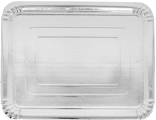 Monouso | 100 Bandeja de Cartón Plateada 25×34 cm | Rectangular Compacta | Resistente al Aceite y Calor | Ideal para Degustaciones y Catering | Pack de 100 Unidades