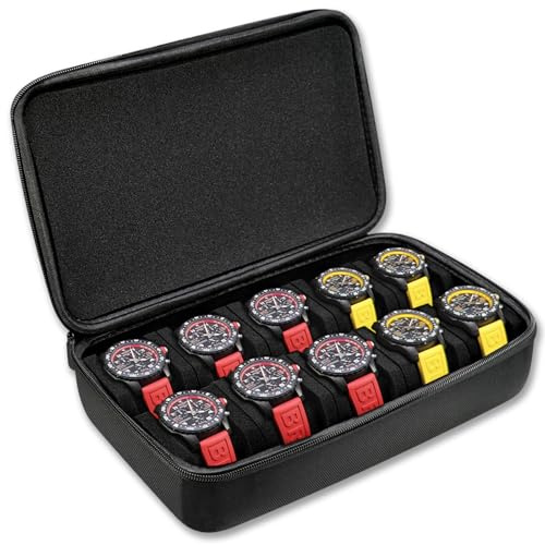 Juntan 10 Slots Uhrenbox Hard Watch Reiseetui, Tragbarer Nylon Reißverschluss Aufbewahrungsorganizer für Männer und Frauen mit Weichem Komprimierbarem Schaumstoffkissen Schwarzer