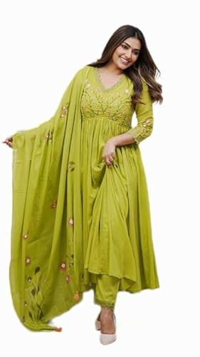 Sambhav Quilt Hub Women's Embroidered Anarkali Kurta and Pant Set with Printed Cotton Malmal Dupatta and Lace, Green, L