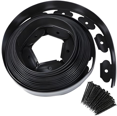 10cm x 10m Rasenkante Kunststoff Beetumrandung mit 30 Heringen, Gartenkante Flexibel, No-Dig Einfassung für Beete, Rasen & Wege (Schwarz)