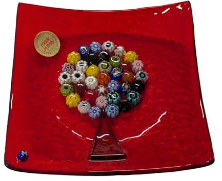 Vaciabolsillos de cristal de Murano 11,5 x 11,5 cm, árbol de la vida con murrina Millefiori, hecho a mano en Italia, artístico bandeja de cristal de Murano centro de mesa, adorno plano rojo