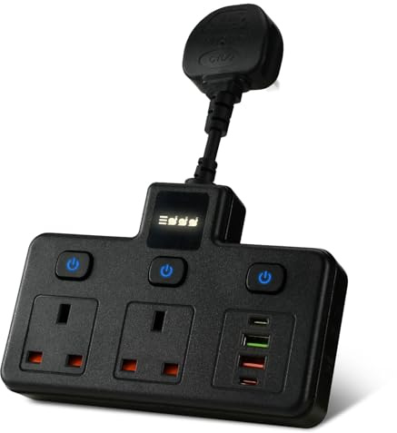 Multi Plug Adaptor USB Extension Lead, Wall Socket UK Power Strip | Power Strip with Independent Switches and Night Light, Surge Protected Multi Plug Extension Socket for Kitchen Office Home