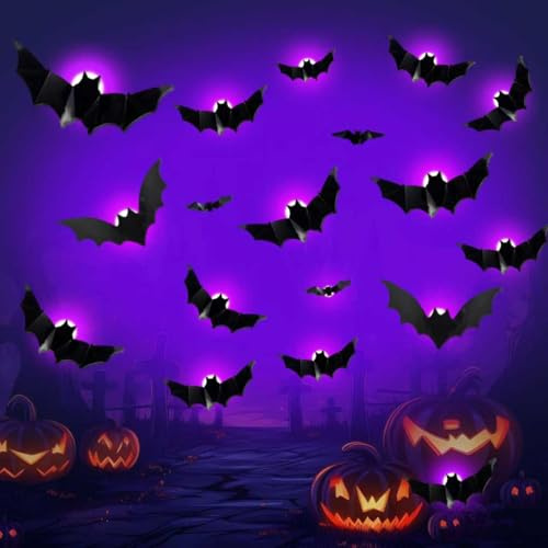 3D Chauve Souris Violet LED Autocollants, 24 Pièces Lumières, Décoration Halloween 3D LED Chauve-Souris