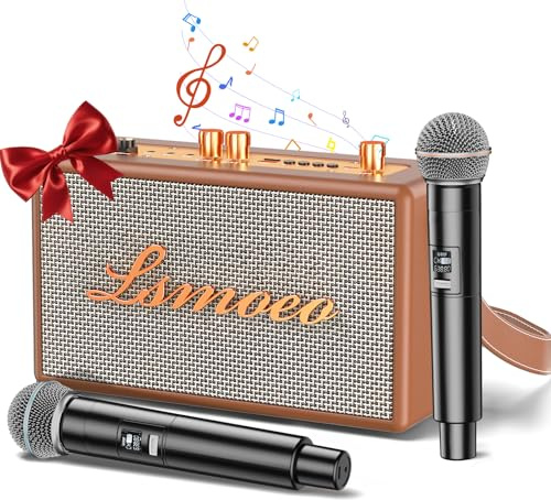 Máquina de Karaoke Portátil,2 Microfonos Inalambricos para Adultos Niños Karaoke Altavoz, micrófono de Cuatro Canales Ampliación Soporta TV/Smartphone/AUX/USB Cumpleañosregalos Vintage (Marrón)