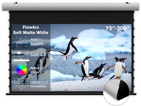 FlowArc Pantalla Proyector Eléctrica 150 Pulgadas Soft Matte White | Superficie Anti-Speckle | Para Habitaciones Oscuras | Eléctrica Retráctil | Montaje en Pared y Techo