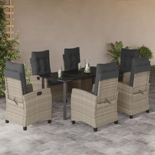 QJBSAVVA 7-Teilig Gartenmöbel-Set 160x80 cm, verstellbare Poly-Rattan-Sessel, Sitzkissen, Glas-Tisch, Balkon Garten Terrasse