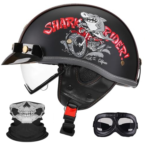 Casque Moto Semi-Ouvert Rétro – Ultra-léger, Lentille Rétractable et Lunettes, Boucle À Dégagement Rapide Multifonction, Unisexe Toute Saison, Certifié ECE/Dot.(2,XL=61~62CM)