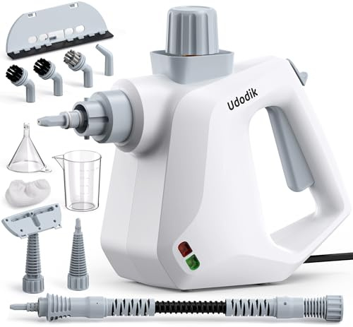 Udodik Handheld Steam Cleaner, versatile and portable design, comes with a safety lock and a 10-piece accessory set to easily remove dirt and grease (white).