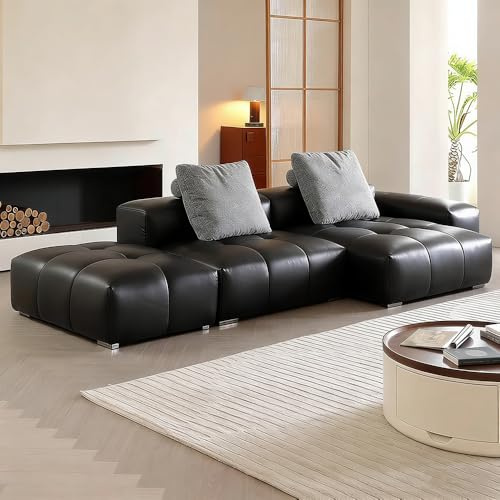 Italiensk lyx och enkelhet, L-formad svart lädersoffa, rymlig och mjuk soffa med massiv träram, modern stor storlek, lämplig för vardagsrum/kontor/lägenhet.