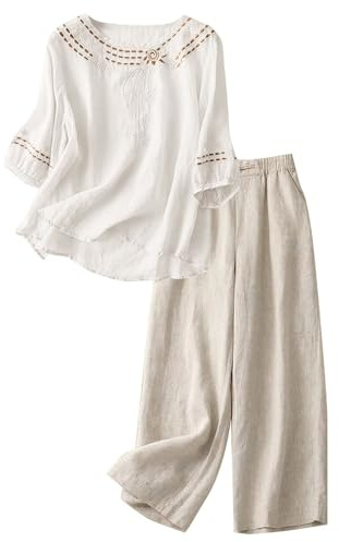 Conjunto de pantalones casuales para mujer, camisa bordada de lino, pantalones de pierna ancha, conjunto de dos piezas para mujer, conjunto de falda de negocios, blanco, M
