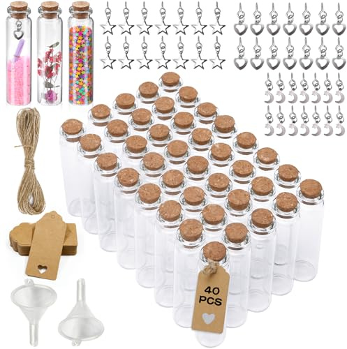 BARAKYEG 40pcs Mini Botellas de Cristal 22 X 80mm Frascos de Vidrio Tapon Corcho,10ml Botes Cristal Pequeños-Juego de tarros de Especias Decoración Fiesta botella de Cristals Etiqueta,Embudo y Cordel