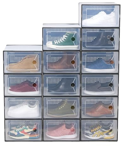 HealSmart 15-Pack X-Large Shoe Storage Boxes, Stackable Plastic Shoe Organizer with Lids, Large Shoe Rack & Storage Containers for Closet, Under Bed, Entryway, Black