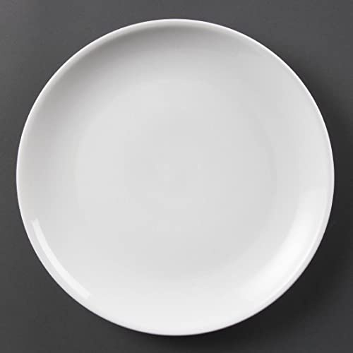 Olympia Whiteware Round Porcelain Coupe Plates 280mm, Pack of 6 | Durable rolled edges resist chipping, while stackable design saves space. Oven, microwave and freezer safe.