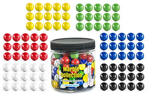 My Toy House Chinese Checkers Glass Marbles. Set of 90, 15 of Each Color. Size 9/16” (14mm), with Practical Container…