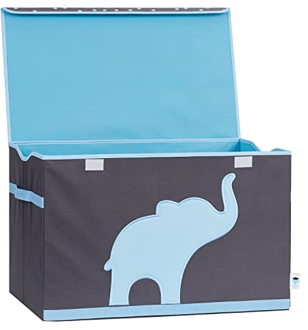 Love IT Store IT Aufbewahrungsbox mit Deckel - Große Spielzeugkiste aus Stoff - Verstärkt mit Holz - Abwaschbar - Grau mit blauem Elefant - 62x38x39 cm
