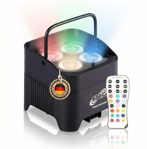 ETEC Professional Akku LED Par Scheinwerfer E412 mit 4x12W RGBWA+UV, Wireless DMX, Uplight, Floorspot, Disco, DJ, Party, Bühnenbeleuchtung - Funk Wifi Event Licht
