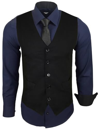 Subliminal Mode - Herren Weste + Hemd + Krawatte Set, Zweifarbiger Kragen, Uni, Langarm, Slim Fit, Business, leicht zu bügeln RN33, marineblau, XL