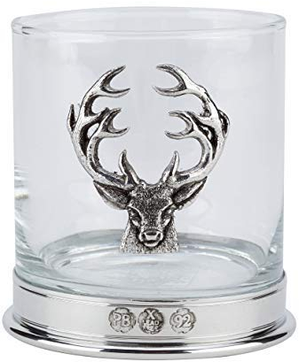 Lead Free pewterware Mounted 12oz Whisky Glass with a stag's Head Emblem in a Presentation Box of 1,2 or 4 Glasses (1)