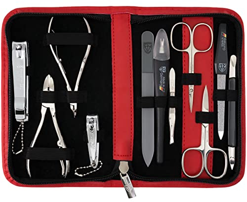 DREI SCHWERTER - Germany 11-tlg. Maniküre Set 'Spezia' | Nageletui in Echt Leder rot | Inhalt: Hautschere, Nagelschere, Nagelzange, Nagelknipser, Hautzange, Pinzette, Glasnagelfeile uvm