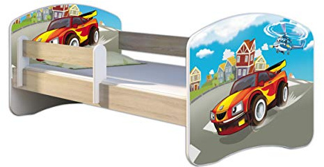Kinderbett Jugendbett mit einer Schublade und Matratze Sonoma mit Rausfallschutz Lattenrost ACMA II 140x70 160x80 180x80 (03 Racing Car, 140x70)
