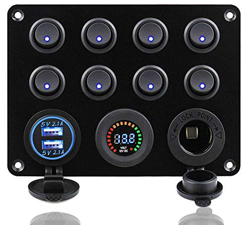 KAOLALI Panel de Interruptores Basculantes Interruptor de Palanca con 8 Interruptores+Toma de Mechero12V+LED Voltimetro+4,2A Doble Cargador USB para Campera Furgoneta Caravanas Autocaravanas Barcos