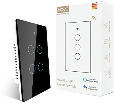 MOES 2.4GHz WiFi Wall Touch Smart Switch Neutral Wire Required, 3 Way Multi-Control, Glass Panel Light Switch Work with Smart Life/Tuya App, RF433 Remote Control, Alexa and Google Home Black 4 Gang