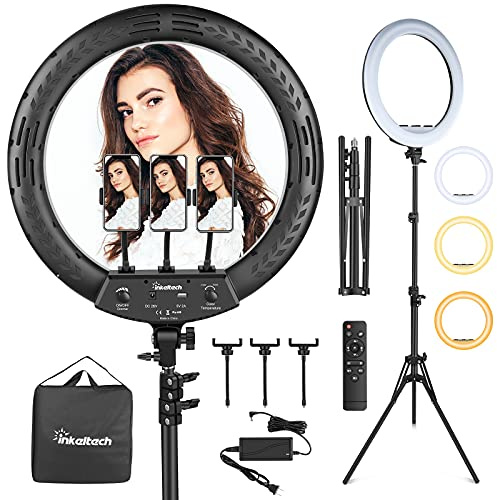 Inkeltech 18” Ring Light with Tripod Stand & 3 Phone Holders, Dimmable LED Ring Light Kit, Adjustable 2700K-6500K Color Temperature Light Ring for Live Stream, You Tube Video, TikTok, Makeup