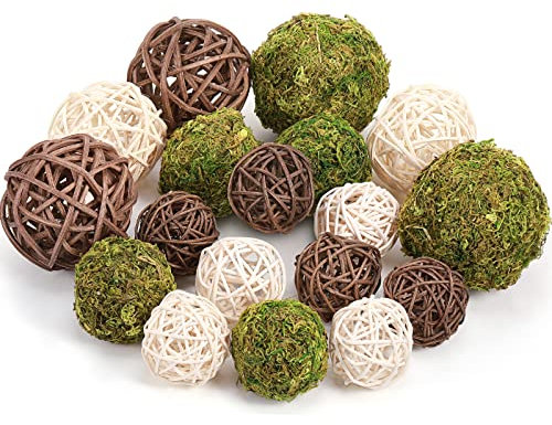 18 Pcs Green Moss Decorative Balls Wicker Rattan Cord Balls Set, Vase Bowl Filler Balls Hanging Balls for Christmas Centerpieces Home Tree Garden Wedding Party Coffee Table