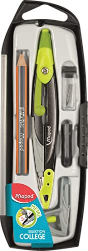 Maped - 5-teiliges Set – 1 Zirkel aus Metall Open Mine + 1 Universalring + 1 Bleistift + 1 Spitzer + 1 Minenetui – Zubehör austauschbar – für College – Grün